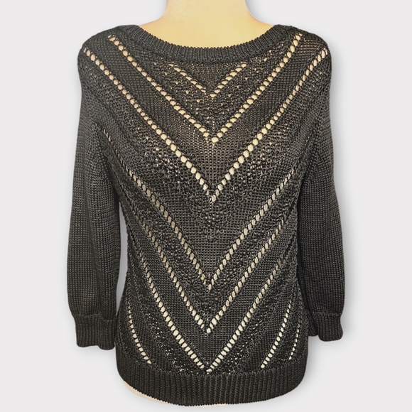 WHBM WHITE HOUSE BLACK MARKET Chunky Open-Knit Pullover Sweater, Large, Black - Picture 3 of 11